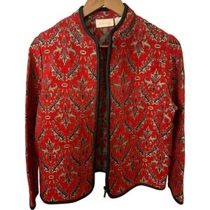 Studio Works Petite Med. Jacket Red Black Jacquard Open Front Cardigan Boho Vint